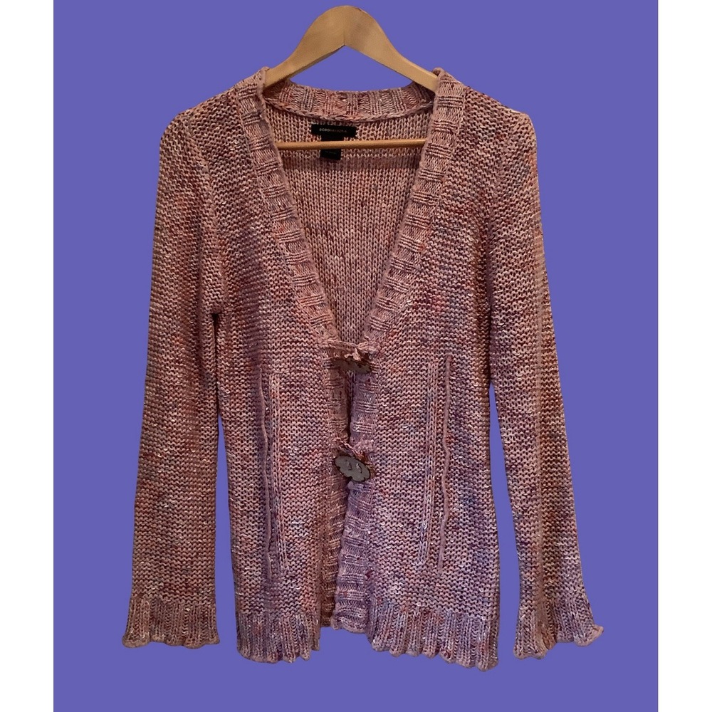 BCBGMAXAZRIA Loose Knit Confetti Pink Cardigan Button Up Boho Hippie Sweater Lg